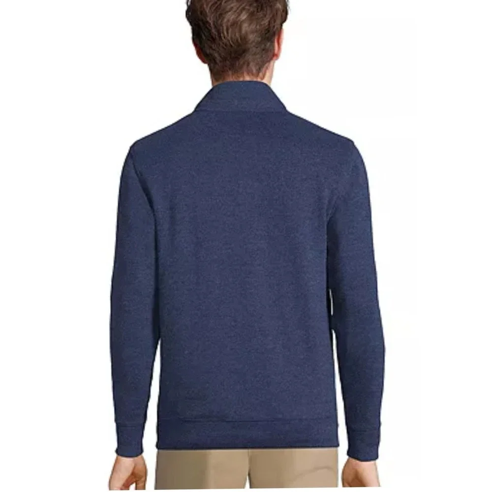 Lands End Mens 2XL Tall Navy Heather Quarter Zip Pullover Sweater Cowhide Trim
